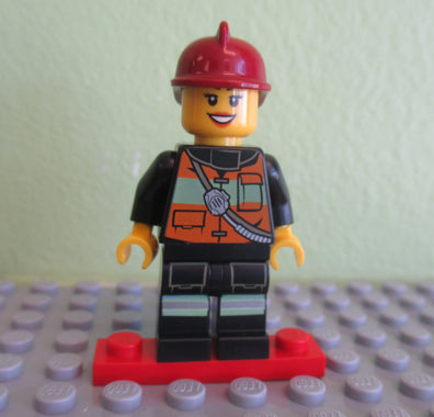 LEGO Minifigure-Fire - Reflective Stripe Vest with Pockets and Shoulder Strap, Dark Red Fire Helmet, Black Eyebrows-Town / City / Fire-CTY434-Creative Brick Builders